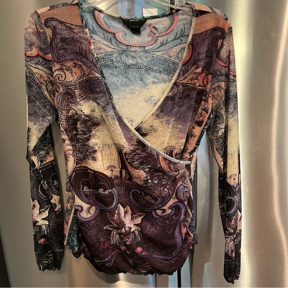 ANAC romantic V Neck Wrap shirt MIXED PRINTS Art to Wear purple women large top - Picture 9 of 15